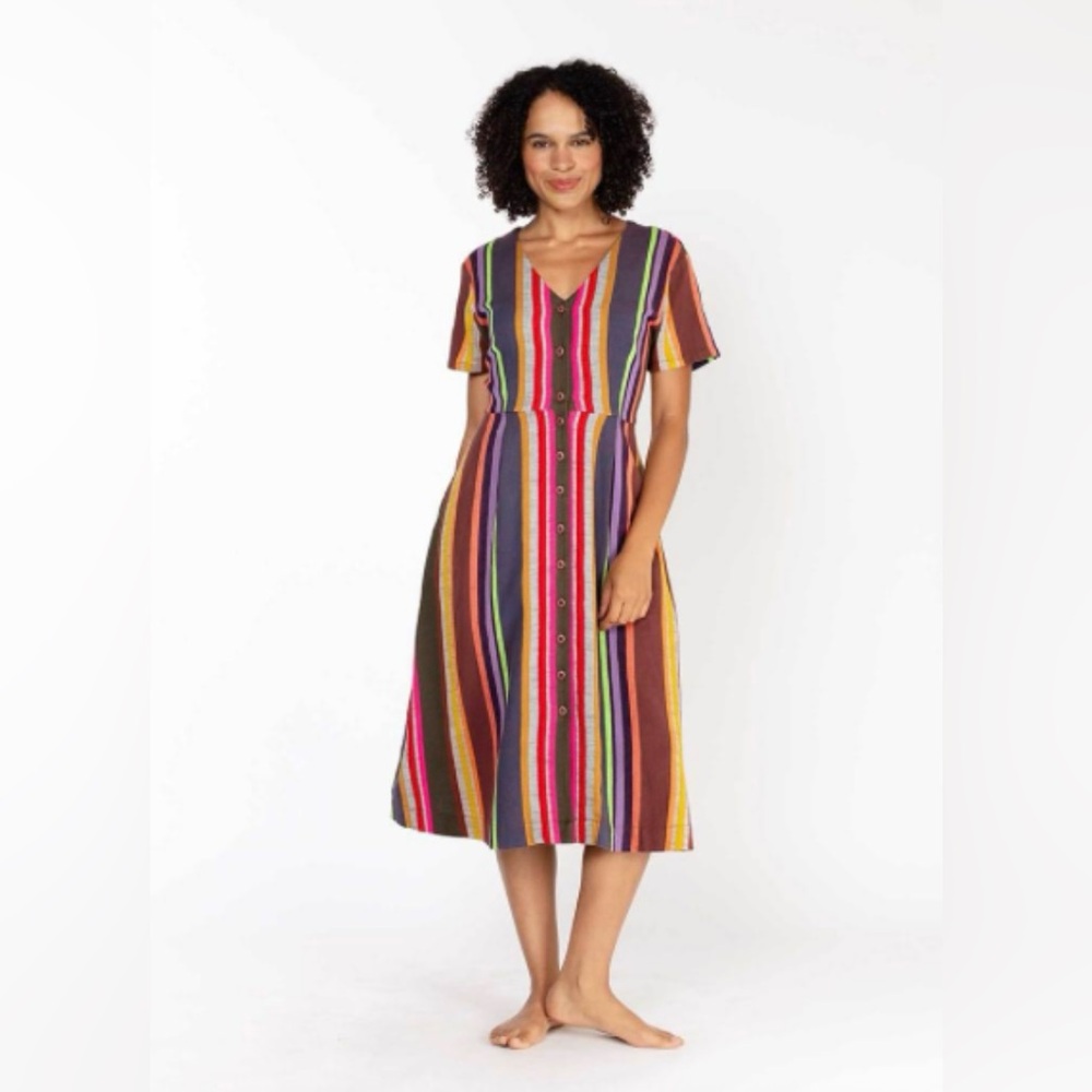 EUC ACE & JIG Greta A-Line Button Front Back Tie Dress Bungalow Multi Stripe XL